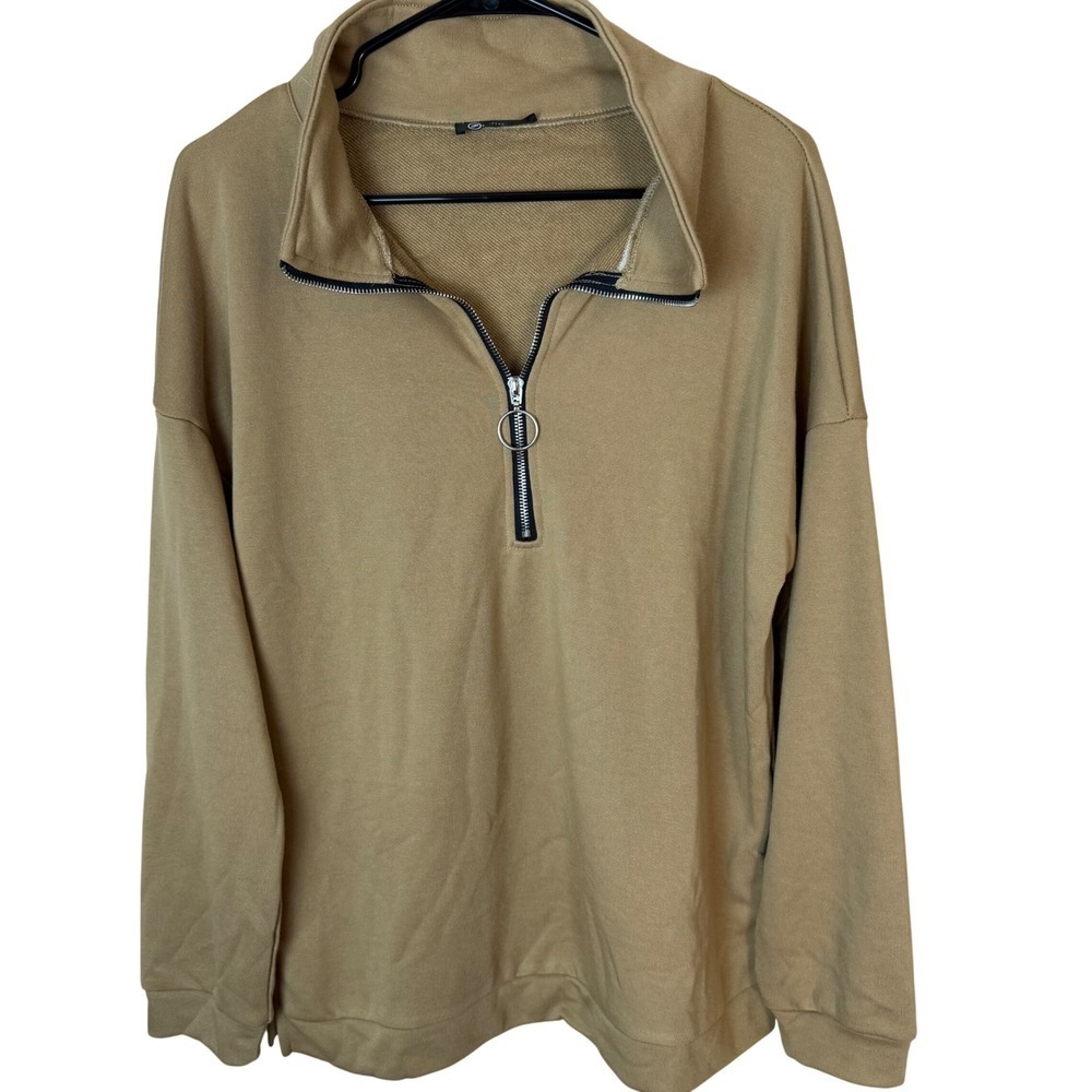SALE PRETTY GARDEN Quarter Zip Pullover Tunic Tan Long Sleeve Mock Neck Women L